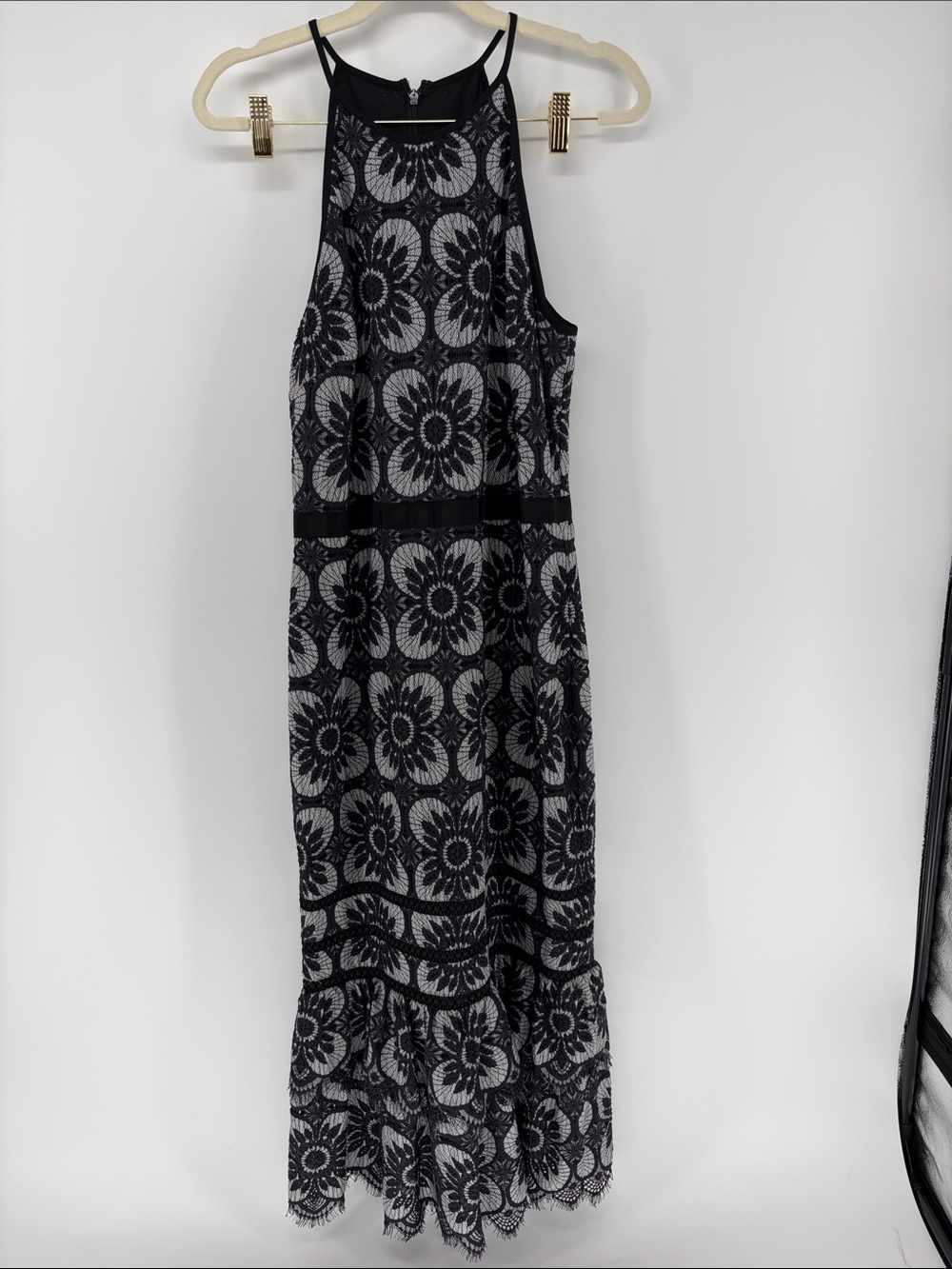 NWT Banana Republic Floral Lace Overlay Halter Maxi Tiered Dress - Black & White - Picture 2 of 11